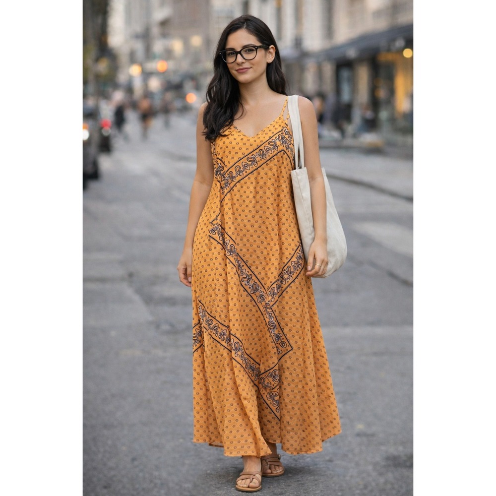 BETSEY JOHNSON Bohemian Paisley Print Maxi Yellow Strap Sundress size S